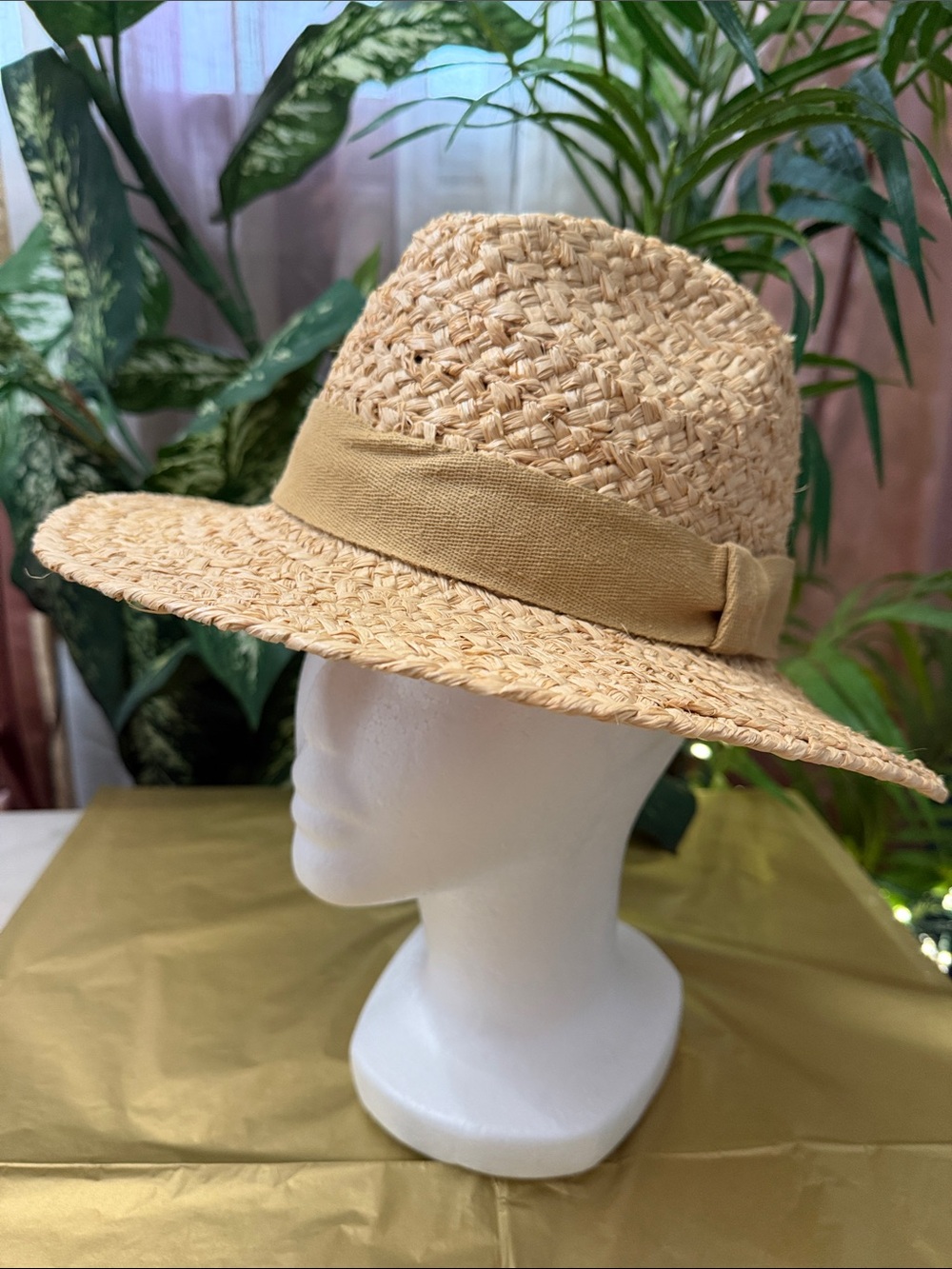 Natural Straw Fedora Hat with Light Tan Band